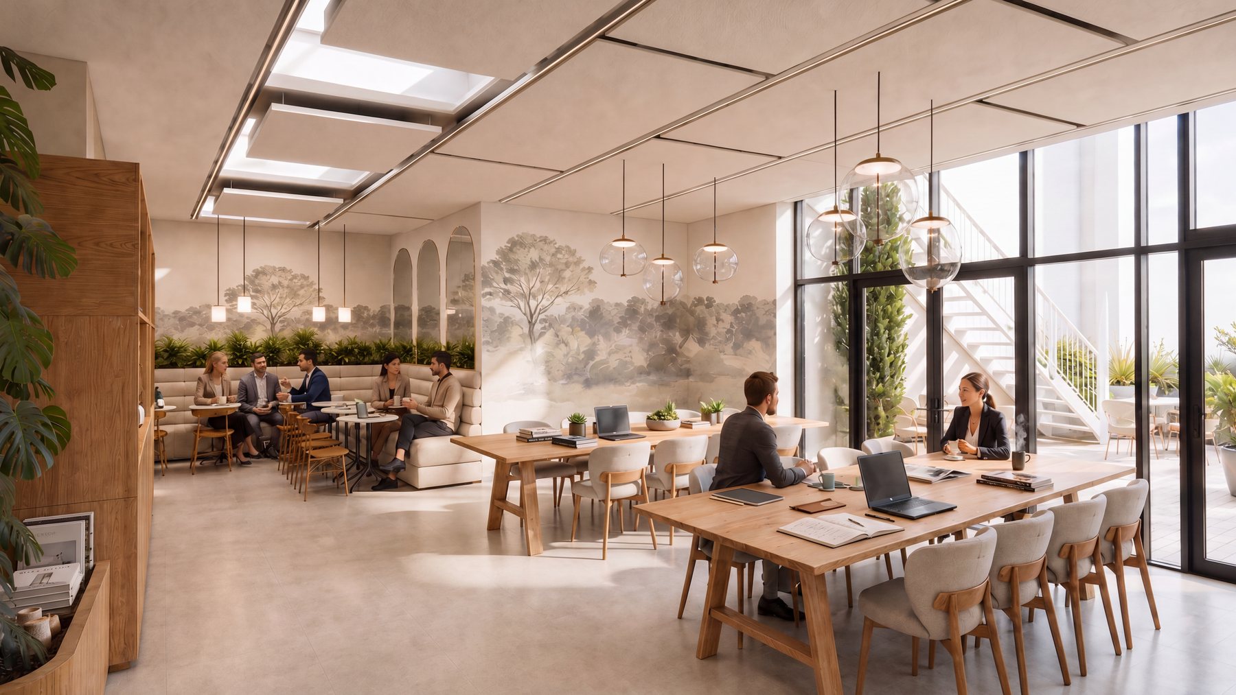 Le café : verrière, fresque de paysage en grisaille, banquettes, grandes tables en chêne, suspensions en globes, baies sur la terrasse