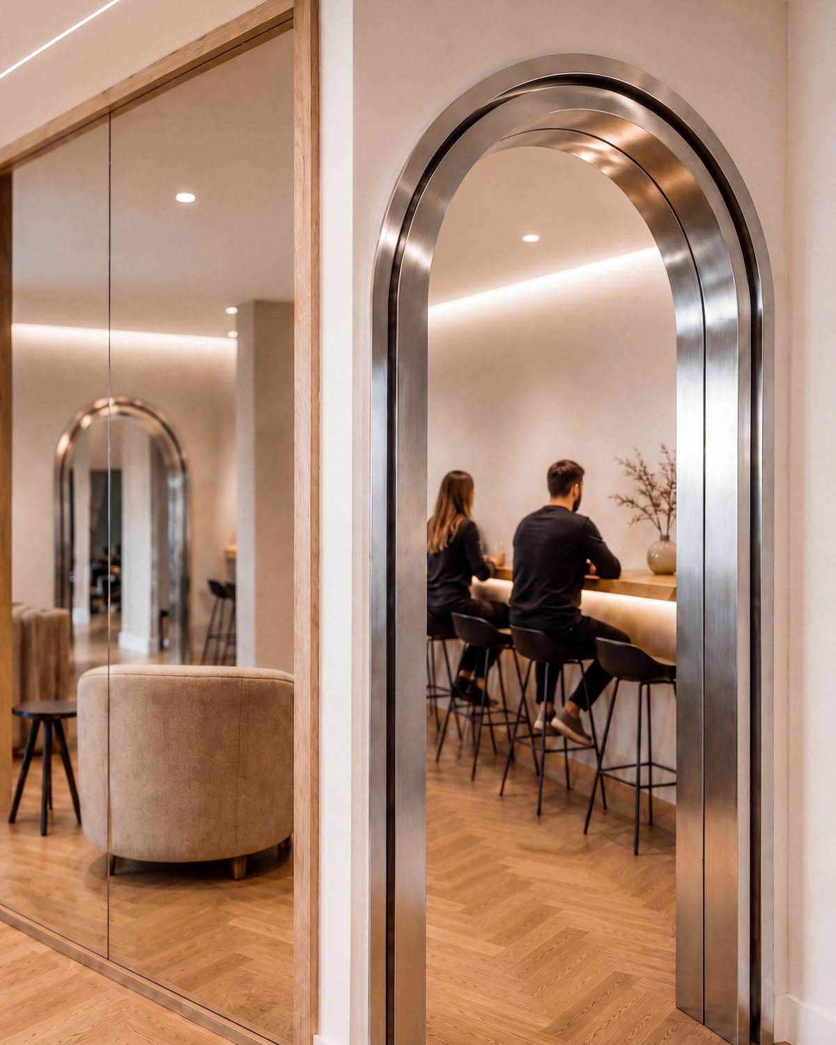 Arche en inox brossé ouvrant sur le bar, paroi miroir encadrée de chêne, parquet à chevrons