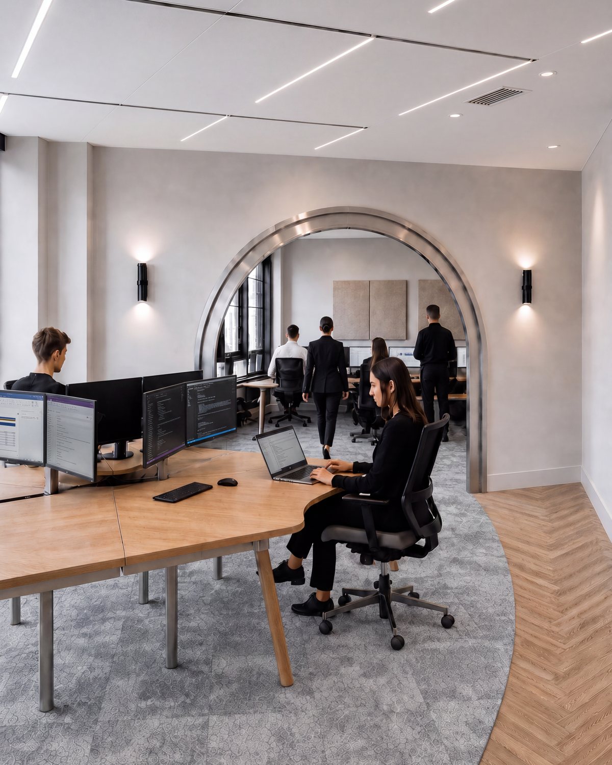Plateau de Mews Labs : bureaux en chêne, arche en inox brossé, sol de moquette bordé de parquet en arc