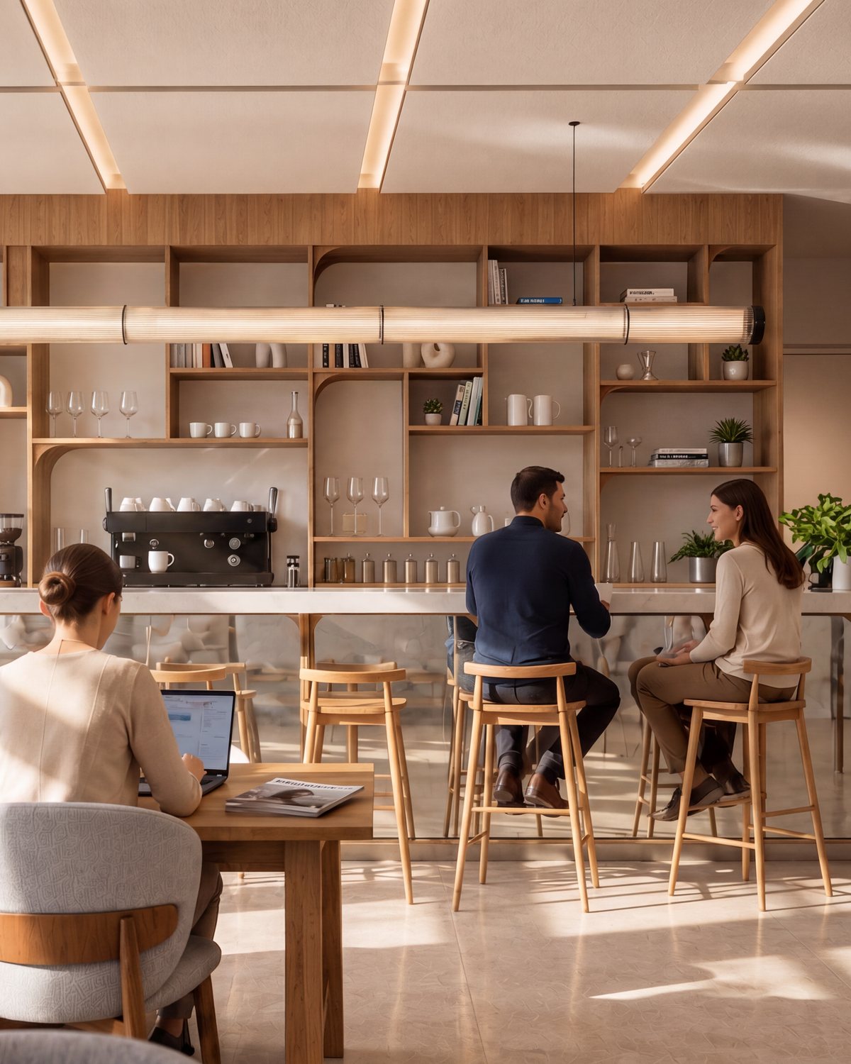 Le bar : bibliothèque en chêne à niches arrondies, machine à expresso, comptoir, tabourets