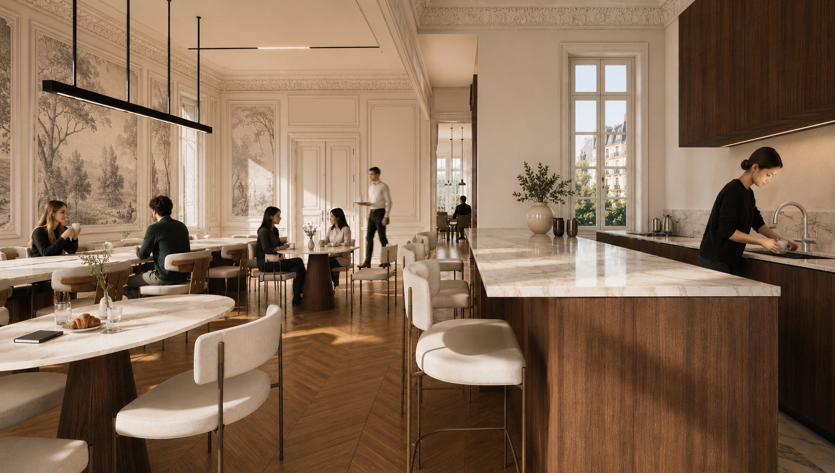 La cafétéria : tables et îlot en marbre veiné, papier peint panoramique en grisaille, réglettes noires, fenêtres sur les toits de Paris