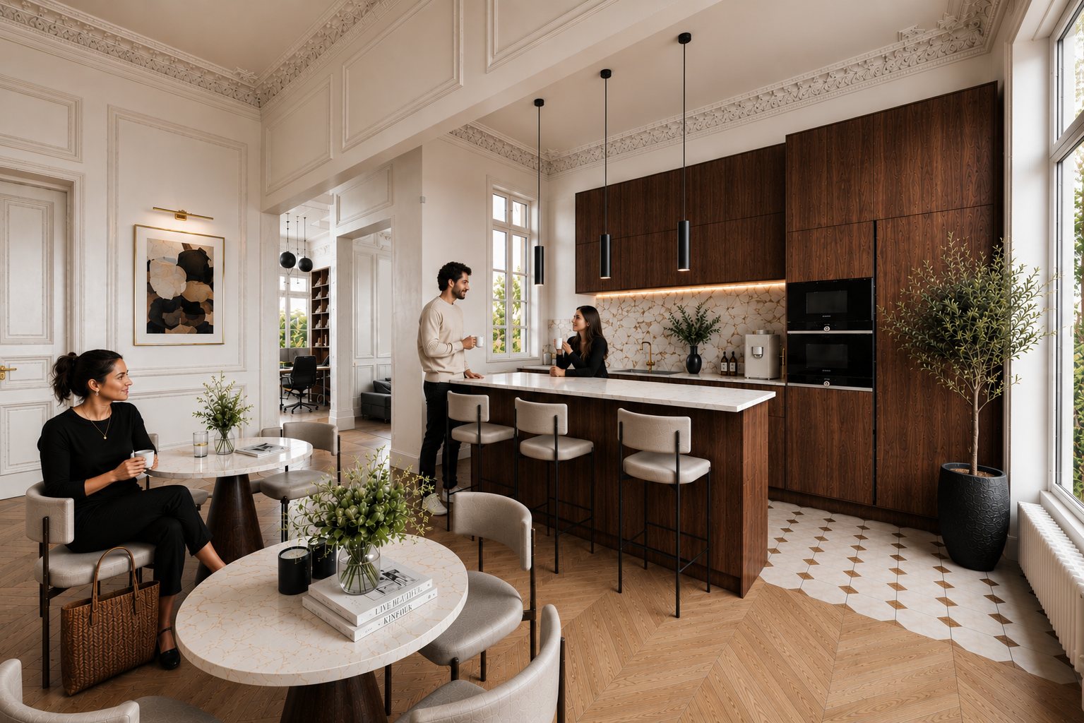 La cuisine : îlot et façades en noyer, crédence de marbre, sol à cabochons rejoignant le parquet, suspensions noires