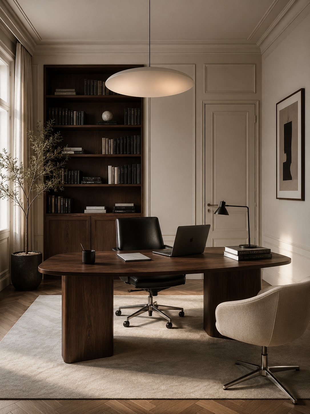 Bureau de direction : plateau en noyer, bibliothèque encastrée, suspension disque, fauteuil de cuir noir