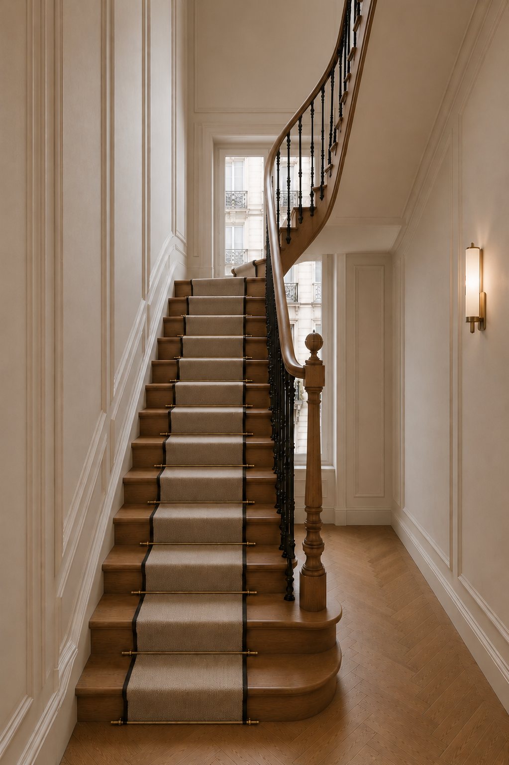 Cage d'escalier : marches de chêne, tapis à tiges de laiton, balustrade en fer forgé, lambris et applique laiton