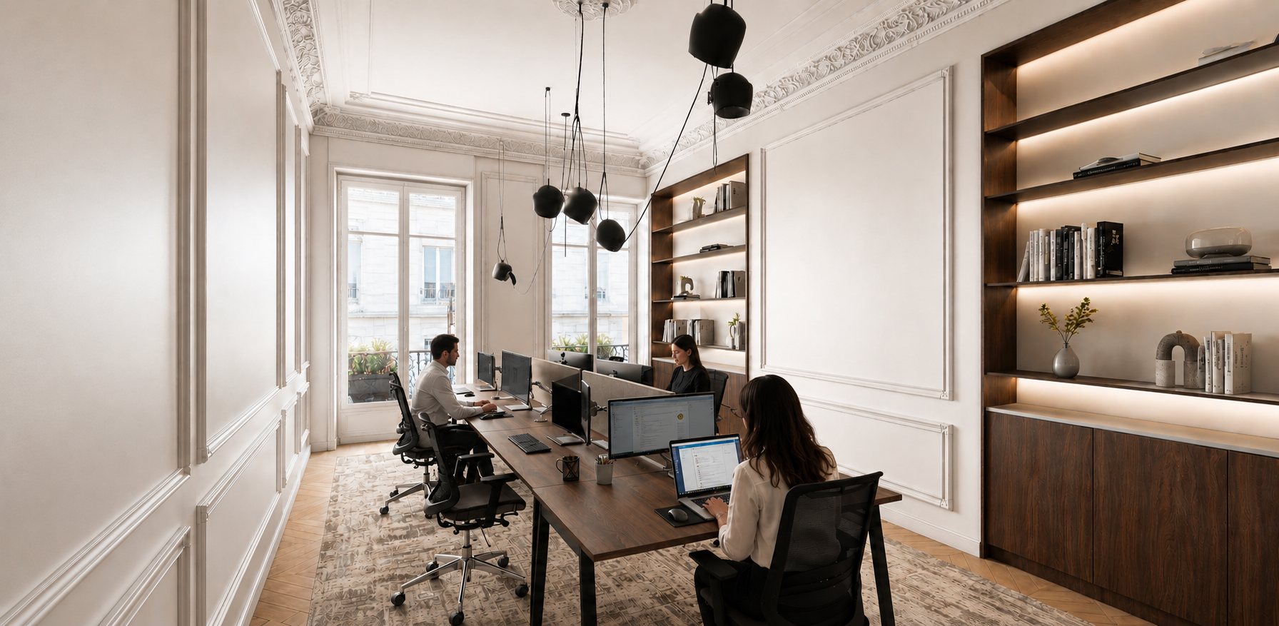 Le plateau partagé : bureaux en bench de noyer, grappe de suspensions noires, rayonnages rétroéclairés, moulures et corniche