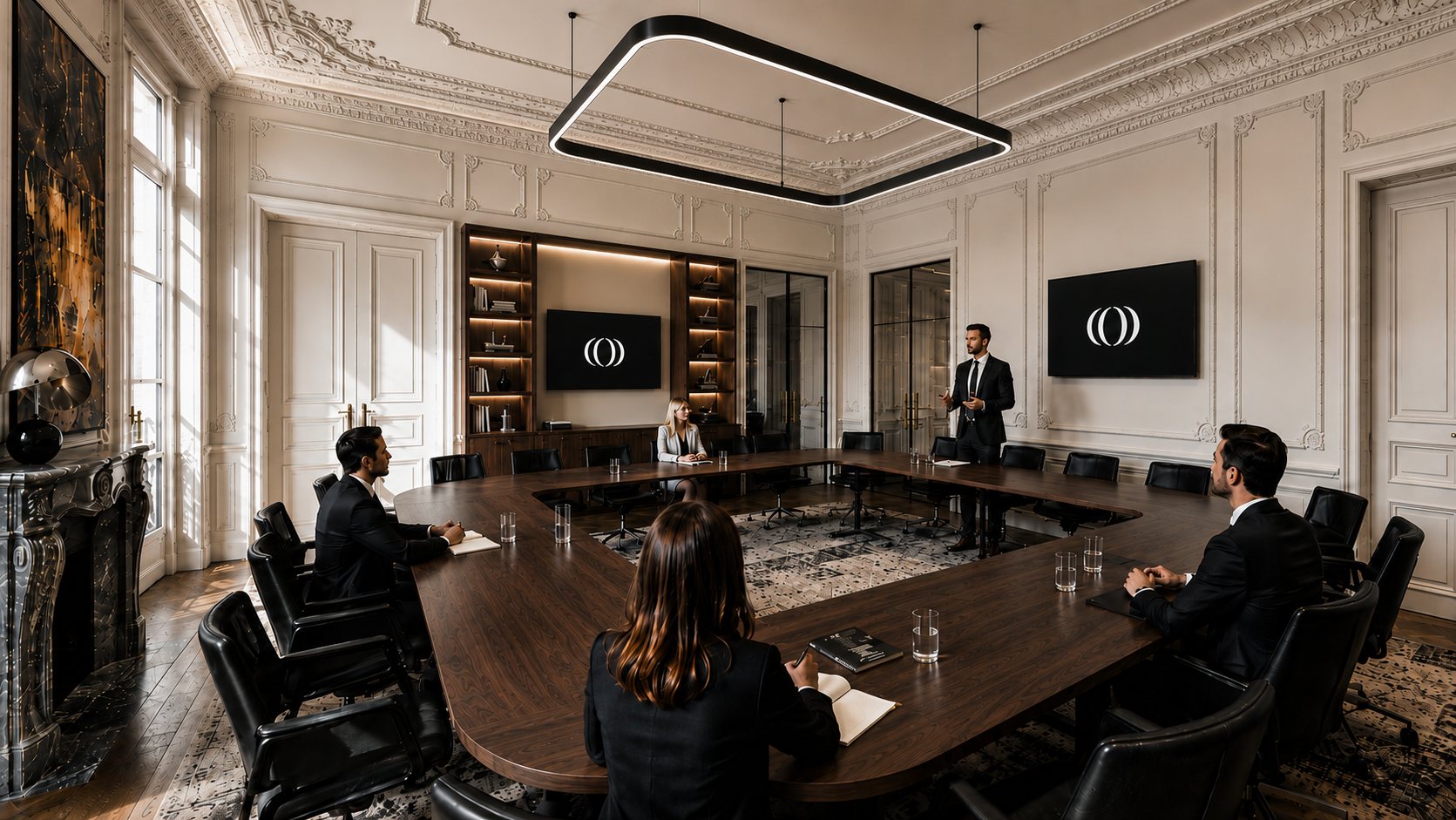 Salle du conseil : table en noyer, suspension annulaire, boiseries et cheminée de marbre d'origine
